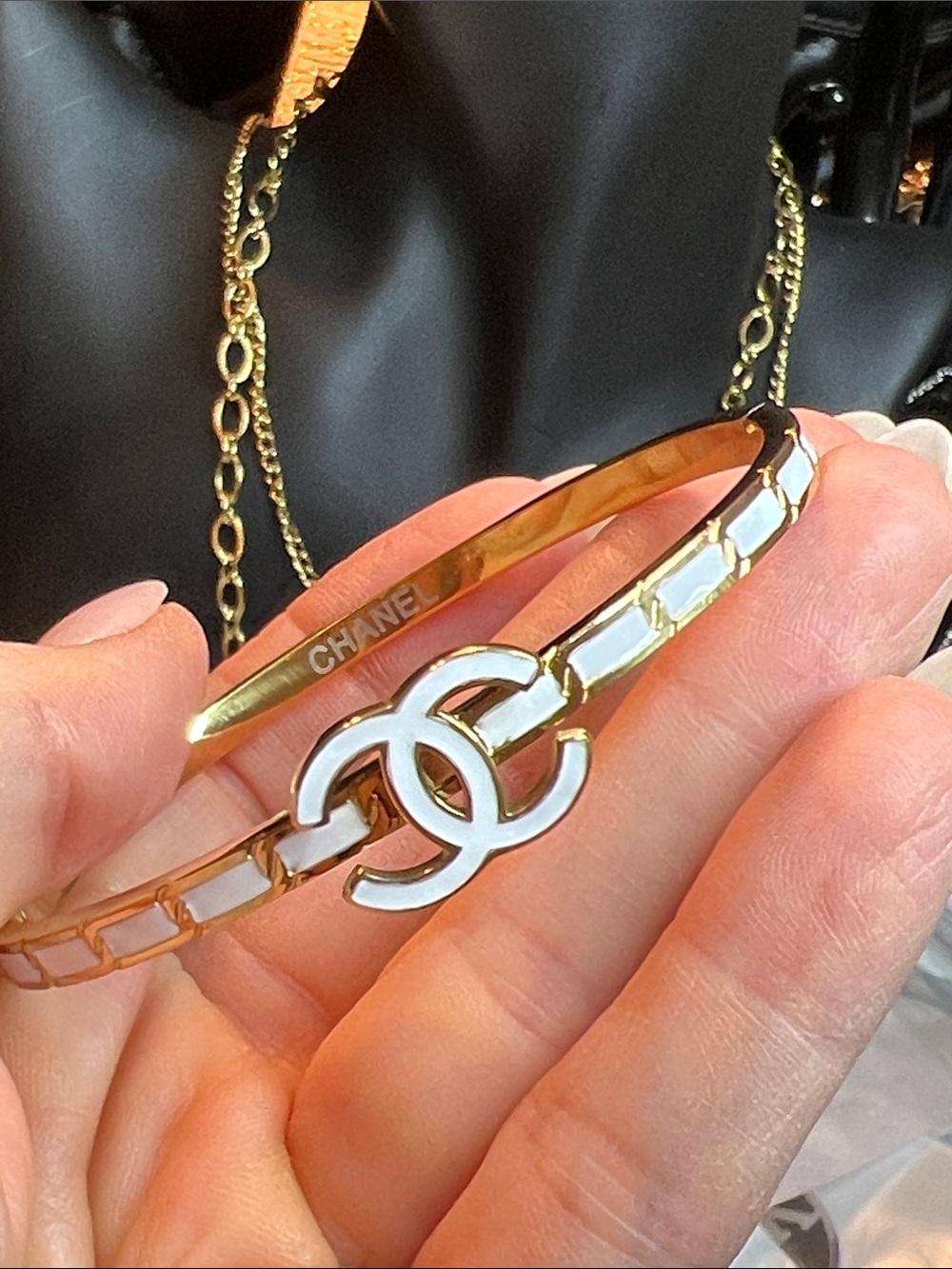 Gold-Tone Bracelet with White Enamel CC Logo - Picture 6 of 8